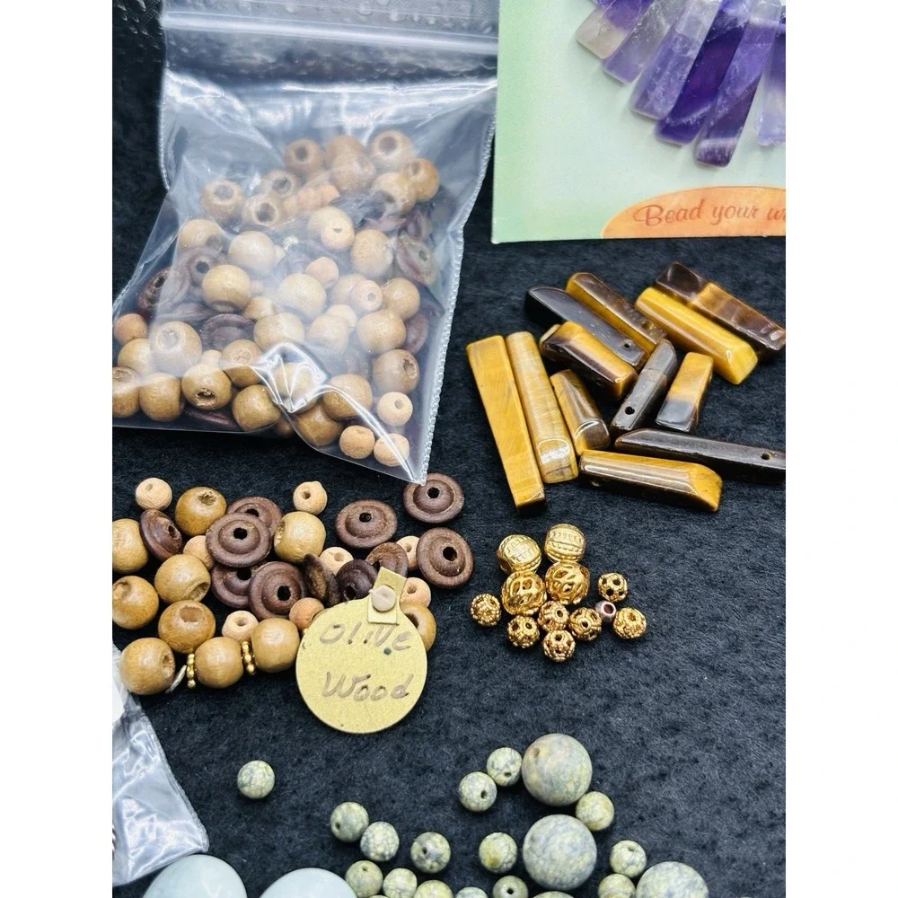 Lot of Jewelry Making Bead mix Amethyst Gemstone Chips Jade shell olive wood Hex